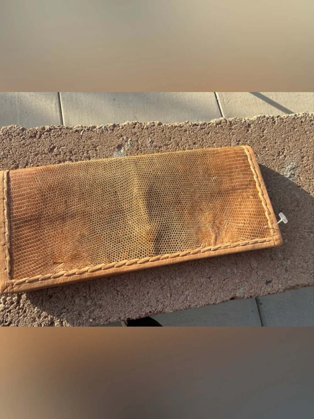 Vintage Genuine Snake Skin Trifold Wallet Clutch – Tan Whipstitch Leather, Zip